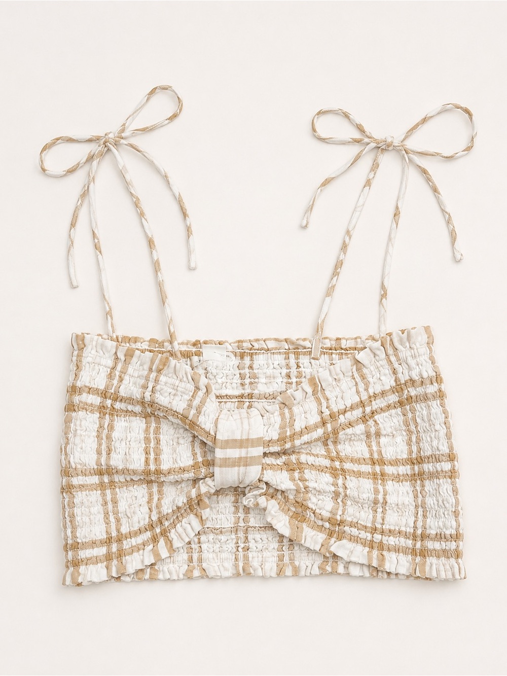 American Eagle Beige Plaid Smocked Tie-Front Crop Top Size S